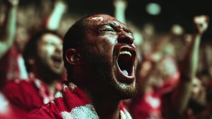 Cheering crowd scene with man shouting capturing unity enthusiasm competitive spirit and shared excitement captured