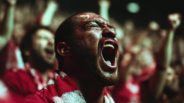 Cheering crowd scene with man shouting capturing unity enthusiasm competitive spirit and shared excitement captured
