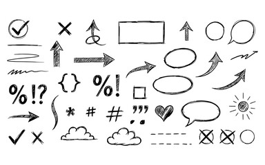 Hand-drawn doodle vector cartoon sketch set of web icons, symbols, and elements for chat and internet design illustration