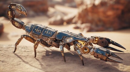 Robotic scorpion metallic armor glowing stinger desert cyberpunk environment