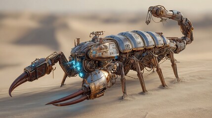 Robotic scorpion metallic armor glowing stinger desert cyberpunk environment
