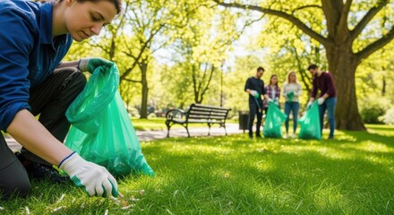 Volunteer cleanup effort in park, volunteers gather litter and debris. Cleanup effort is important for environmental conservation. Community members participate in cleanup effort for good ecology.