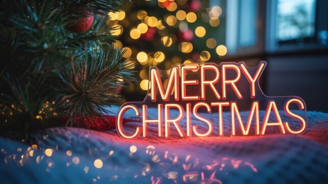 Neon sign spelling merry christmas sits on a table next to a decorated christmas tree with bokeh lights