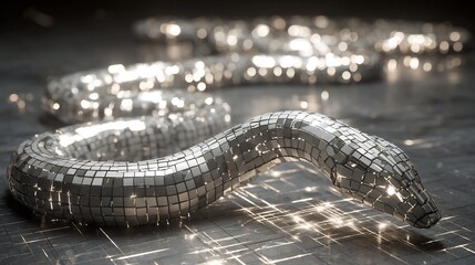 Robotic snake made of silver plate slithering across glowing data grid