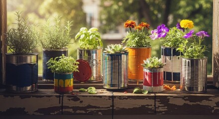 Colorful flowers in pots, planted on windowsill for decoration. Flowers create joyful, lively scene. Planted flowers bring happiness and warmth, inviting everyone to care about environment.