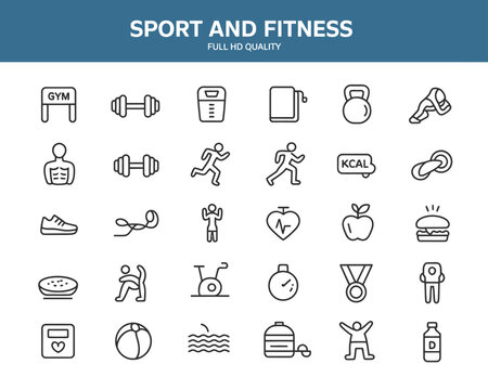 A comprehensive set of 30 minimalist line art icons representing various elements of sport and fitness activities and healthy lifestyle concepts