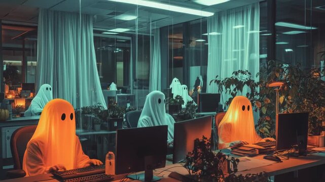 Video A group of ghosts gathered around computers, likely using them for mysterious purposes