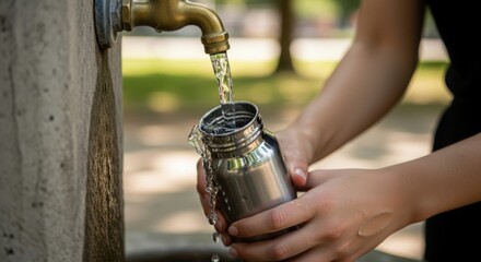 Filling water bottle with fresh tap water on summer day. Filling water bottle, hands hold container under the tap. Fresh, cool tap water ensures ecological approach, sustainability,