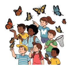 Naklejka premium Children observing colorful butterflies in a sunny outdoor scene with friends.