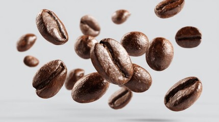 Fototapeta premium Brown coffee beans are suspended in the air against a simple background highlighting their rich texture and color. This scene captures the essence of coffee's allure and vibrancy.