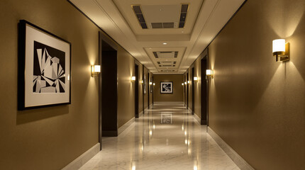 Luxury Hotel Hallway Corridor with Elegant Lighting and Artwork, Liminal
