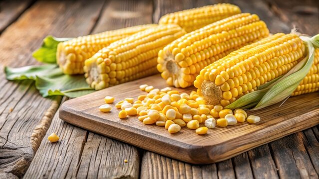 Freshly harvested sweet corn kernels on a wooden cutting board