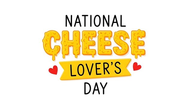 National Cheese Lovers Day text with melting cheese and hearts lettering