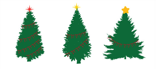 Christmas Tree Silhouette Set with Lights and Stars | Festive Holiday Evergreen Clipart
