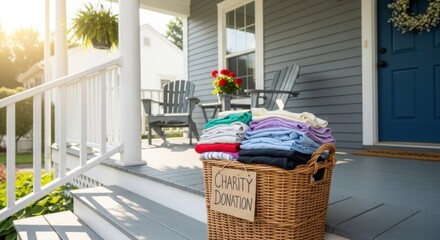 Charity donation on home porch with pile of used clothes in wicker basket. Charity donation helps people in need, and brings awareness to the good cause.