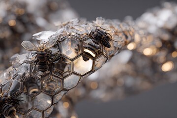 Robotic swarm bee constructing futuristic honeycomb structure made of light