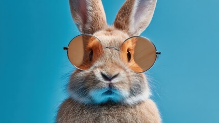 A charming rabbit with soft fur and oversized sunglasses stands confidently in front of a vibrant blue backdrop showcasing a playful attitude and cuteness.