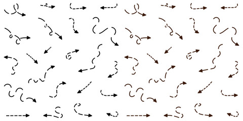 Seamless pattern of dashed arrows with curved and straight lines pointing in different directions for design elements