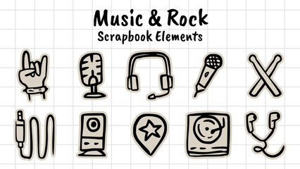 Music and Rock Doodle Set: Hand-Drawn Scrapbook Elements of Audio Gear, DJ, Concert, and Sound Icons for Posters, Studio Graphics, Playlist Covers, Merchandise, and Festival Design