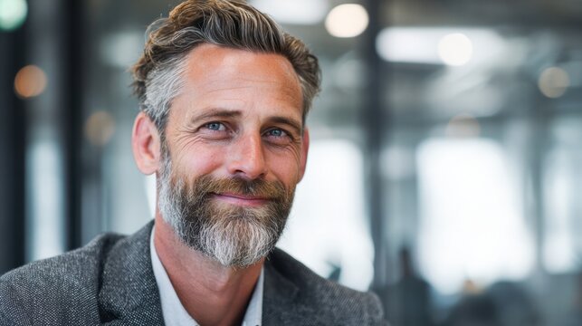 A man with a gray beard sits in a contemporary office space smiling confidently. Natural light fills the room creating a warm and inviting atmosphere. He appears friendly and approachable.