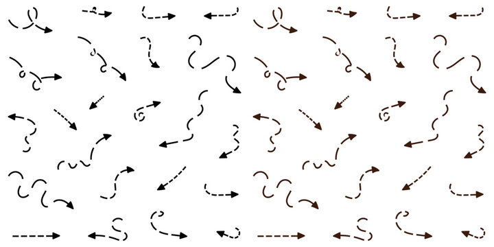 Seamless pattern of dashed arrows with curved and straight lines pointing in different directions for design elements