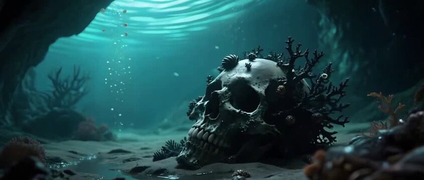 Skull covered in coral at the bottom of the ocean with bubbles rising in a dark underwater cave

