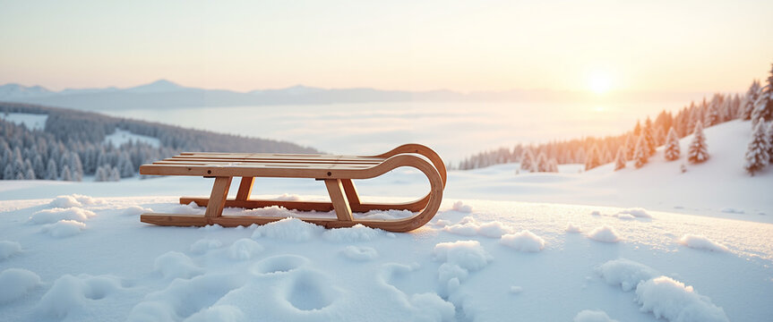 Fototapeta Rustic wooden sled placed at the top of a snowy hill during sunset  