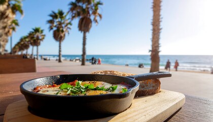 A hot skillet of shakshuka for breakfast on a sunny seaside promenade with palm trees.