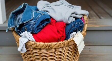 Wicker laundry basket filled with assorted clothes on porch, assorted clothes including jeans, sweatshirt and shirt. Laundry basket holding assorted clothes ready to be washed.