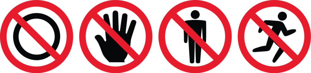 A comprehensive set of four prohibition and warning signs, clearly illustrating common restrictions and forbidden actions in public and private spaces