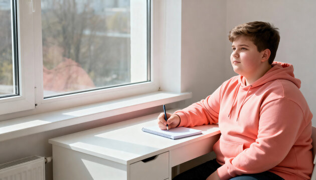 A pensive overweight boy sits at a desk by the window, looking away from his homework. A thoughtful student daydreaming instead of writing in his notebook