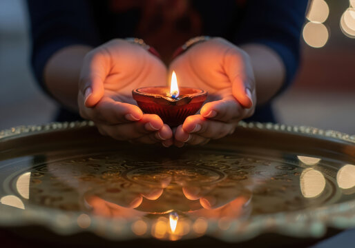 Hands holding a lit diya oil lamp reflecting in water
