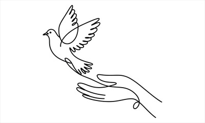 Fototapeta premium One line art shows dove taking flight from outstretched hand gracefully on white