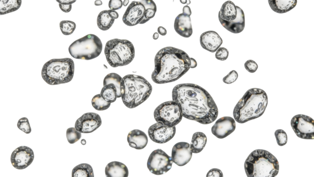 Floating small glass crystals enhancing aesthetic white background