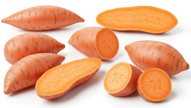 Vibrant sweet potatoes, both whole and halved, showcasing their rich orange interior. isolated on white background