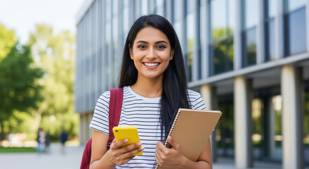 Smiling young Indian student with phone and notebook on campus