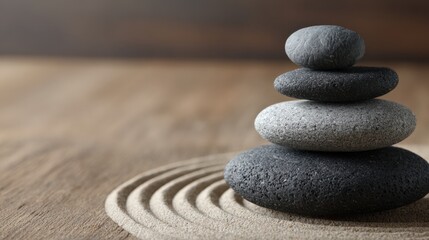 A stack of four smooth stones in shades of gray sits on a circular sandy pattern. This serene display offers a peaceful ambiance perfect for relaxation and meditation practices.