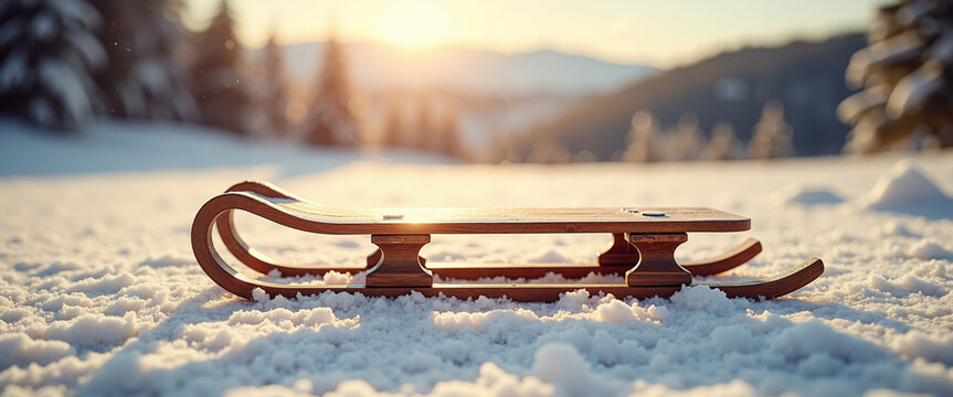 Rustic wooden sled placed on snowy hill at sunset in winter - Powered by Adobe
