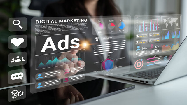 A professional setting showcasing modern digital marketing strategies through data visuals, analytics tools, and interactive technology to enhance advertising effectiveness. Gantry
