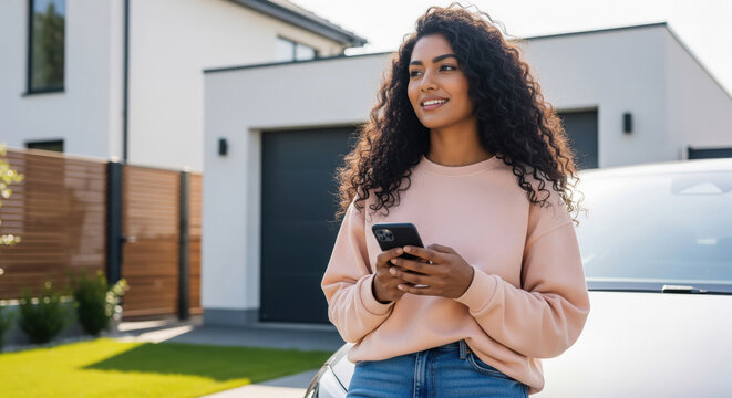 Young woman using smartphone in front of modern house.