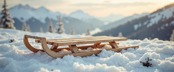 Rustic wooden sled on snowy hilltop with mountain backdrop