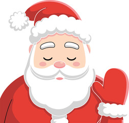 Cute Santa Claus cartoon character waving hand with eyes closed, flat vector illustration isolated on white background with copy space for text