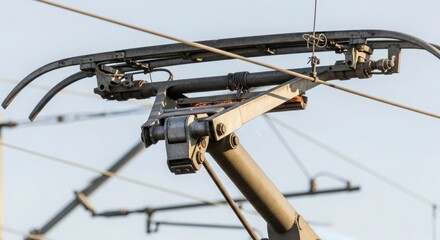 Close up of train pantograph used for electrical collection, it supplies power from overhead lines. Train pantograph in detail, collecting energy, shows complexity and engineering for rail transport.