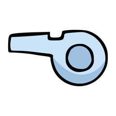 Hand-drawn doodle illustration of a light blue or gray sports referee whistle, symbolizing official authority, rule enforcement, game stoppage, and coaching equipment.