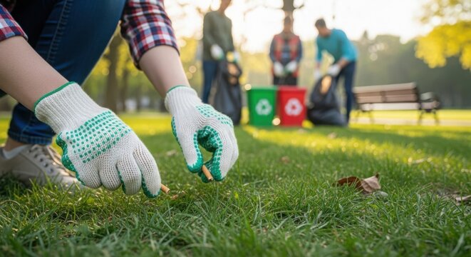 Outdoor garbage collection in public park with volunteers wearing gloves picking up trash.
