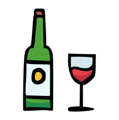 Hand Drawn Wine Bottle and Glass Doodle Vector Illustration, Alcohol Beverage Icon, Celebration, Party, Drink, Bar, Restaurant, Vineyard, Dinner, Simple, Sketch, Drawing