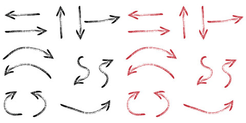 Variety of hand drawn arrows in black and red representing direction flow movement progress and connection 
