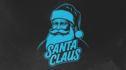 Stylized blue neon illustration of santa claus portrait with beard and hat, text below