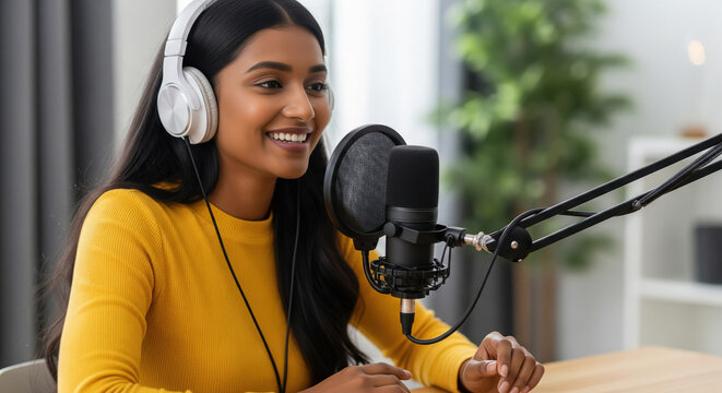 Smiling Indian woman recording podcast with headphones and microphone