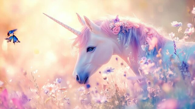 Video A magical scene featuring a unicorn amidst a colorful field of flowers, surrounded by fluttering butterflies